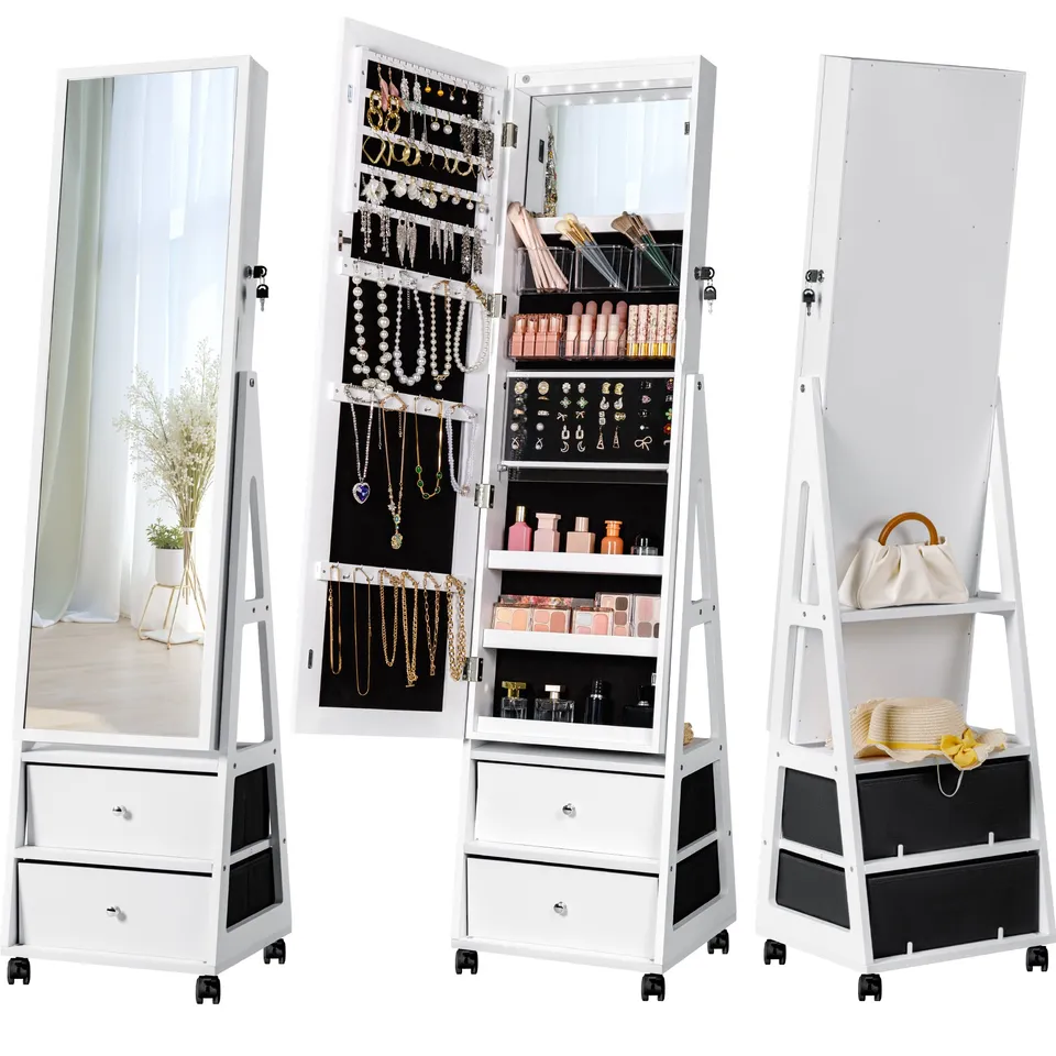 homall-schmuckschrank-mit-led-spiegel-spiegelschrank-wei-mit-rollen image 1