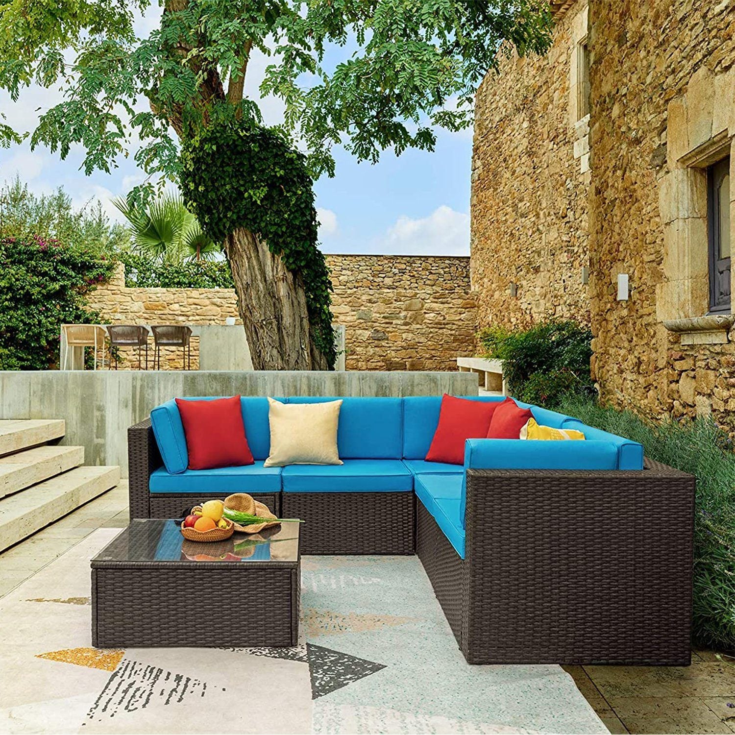 homall-patio-furniture-lounge-set-6-tlg-blau-rattan-optik image 1
