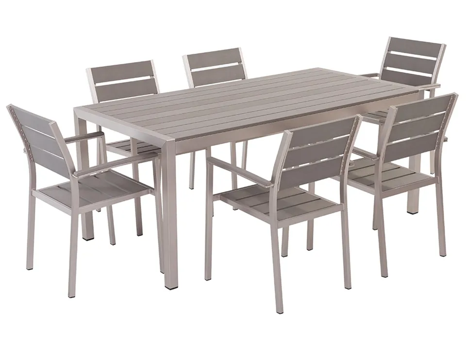beliani-vernio-gartenset-tisch-6-st-hle-kunstholz-grau-180cm image 1