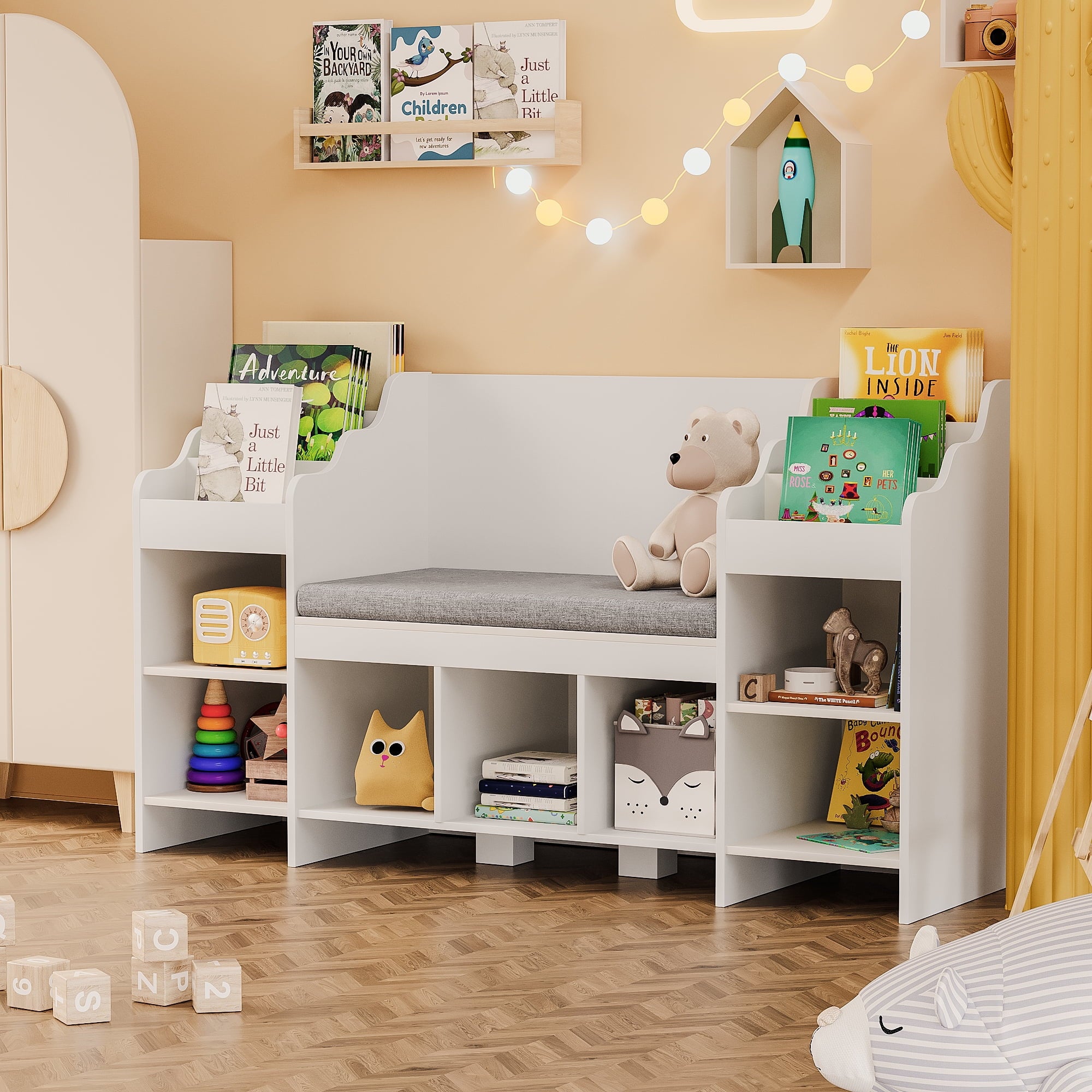 homall-kinder-b-cherregal-holz-mit-sitzecke-2-sitze-aufbewahrung image 5