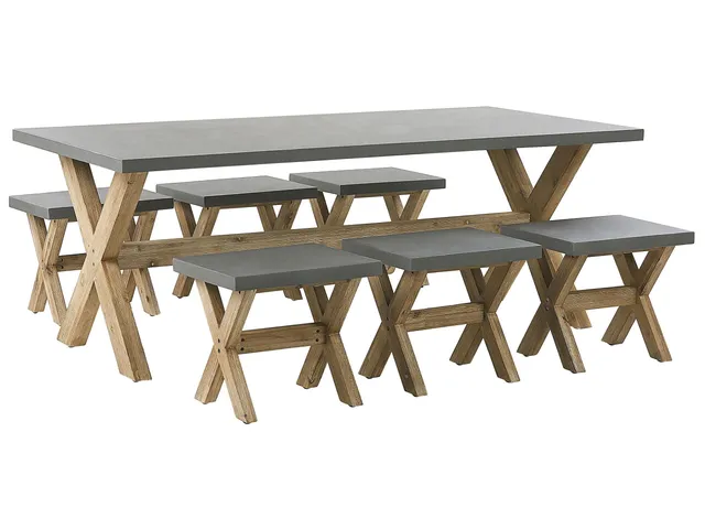 beliani-olbia-gartenset-tisch-200x100-6-hocker-beton-akazie image 1