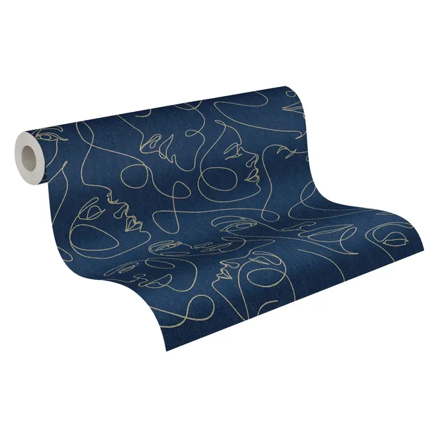 a-s-cr-ation-fine-line-vliestapete-blau-gold-metallic-grafik image 1