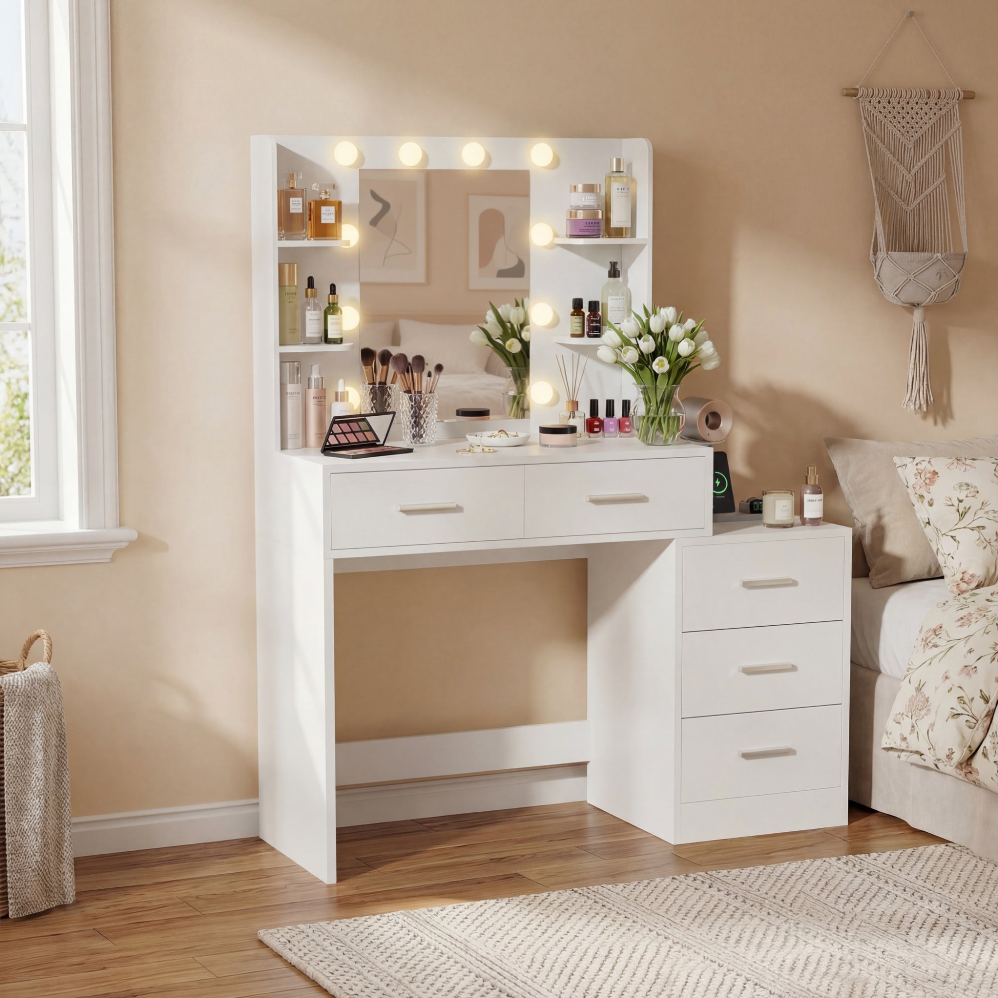 homall-bedroom-schminktisch-wei-mit-led-spiegel-5-schubladen image 4