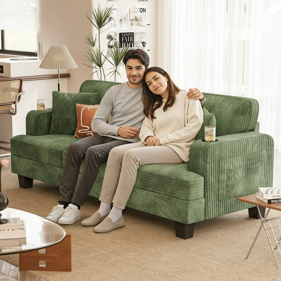 homall-sofa-cord-couch-gr-n-3-sitzer-mit-becherhalter image 3