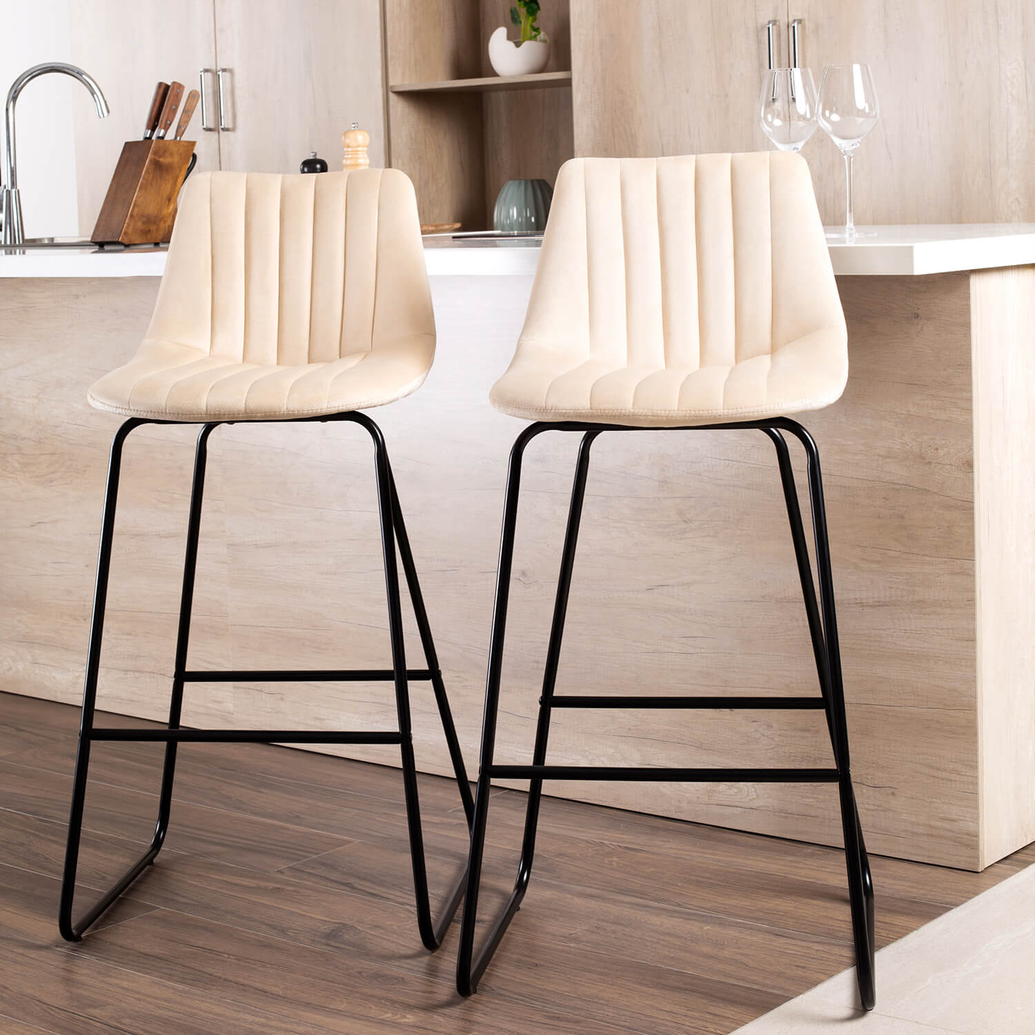 homall-bar-stool-barhocker-76cm-beige-samt-2er-set image 2