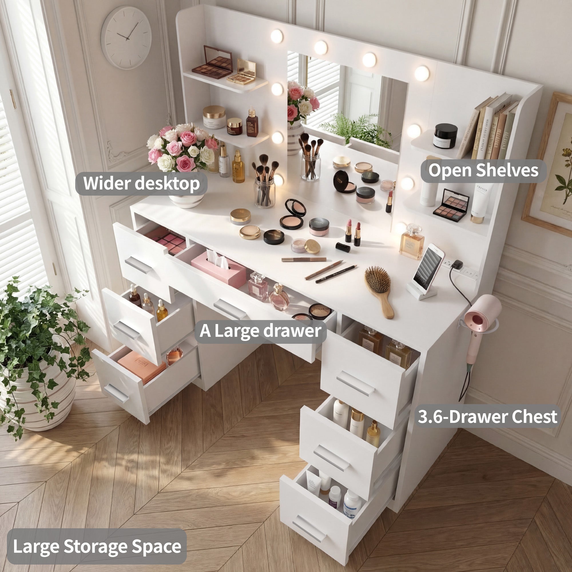 homall-schminktisch-wei-led-spiegel-7-schubladen-steckdose image 7