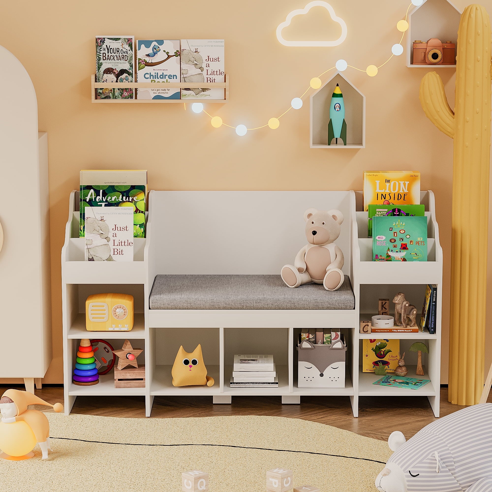 homall-kinder-b-cherregal-holz-mit-sitzecke-2-sitze-aufbewahrung image 6