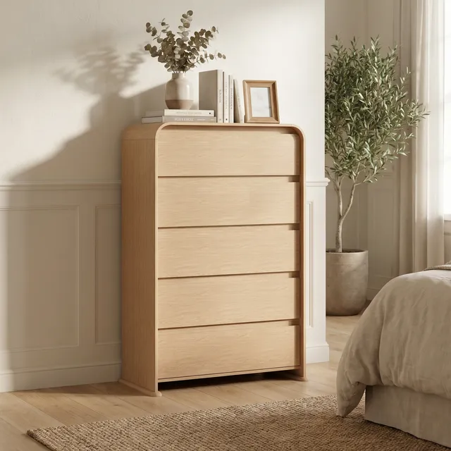 homall-bedroom-kommode-natur-5-schubladen-schmal-holz image 1