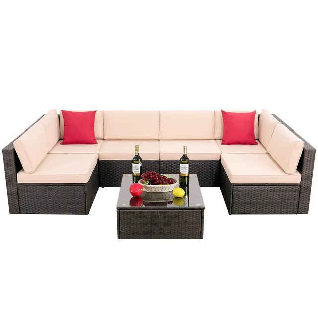 homall-patio-furniture-lounge-set-7-tlg-rattan-beige image 1