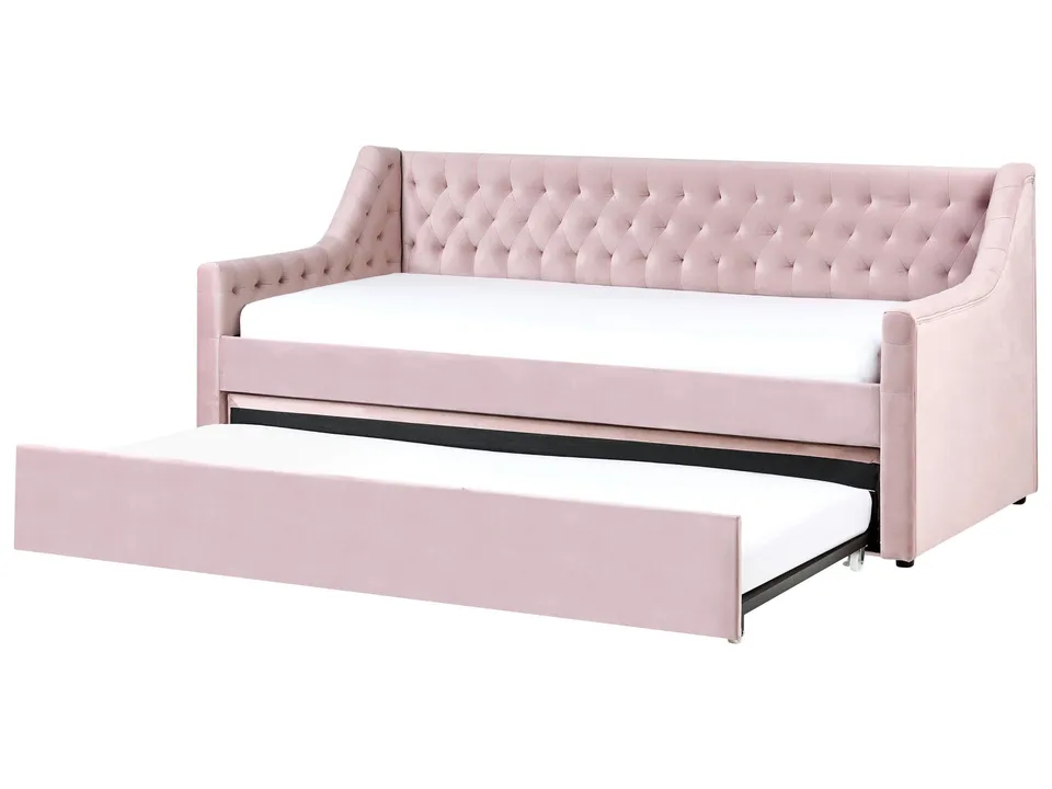 beliani-montargis-tagesbett-90x200-rosa-samt-ausziehbett-lattenrost image 1