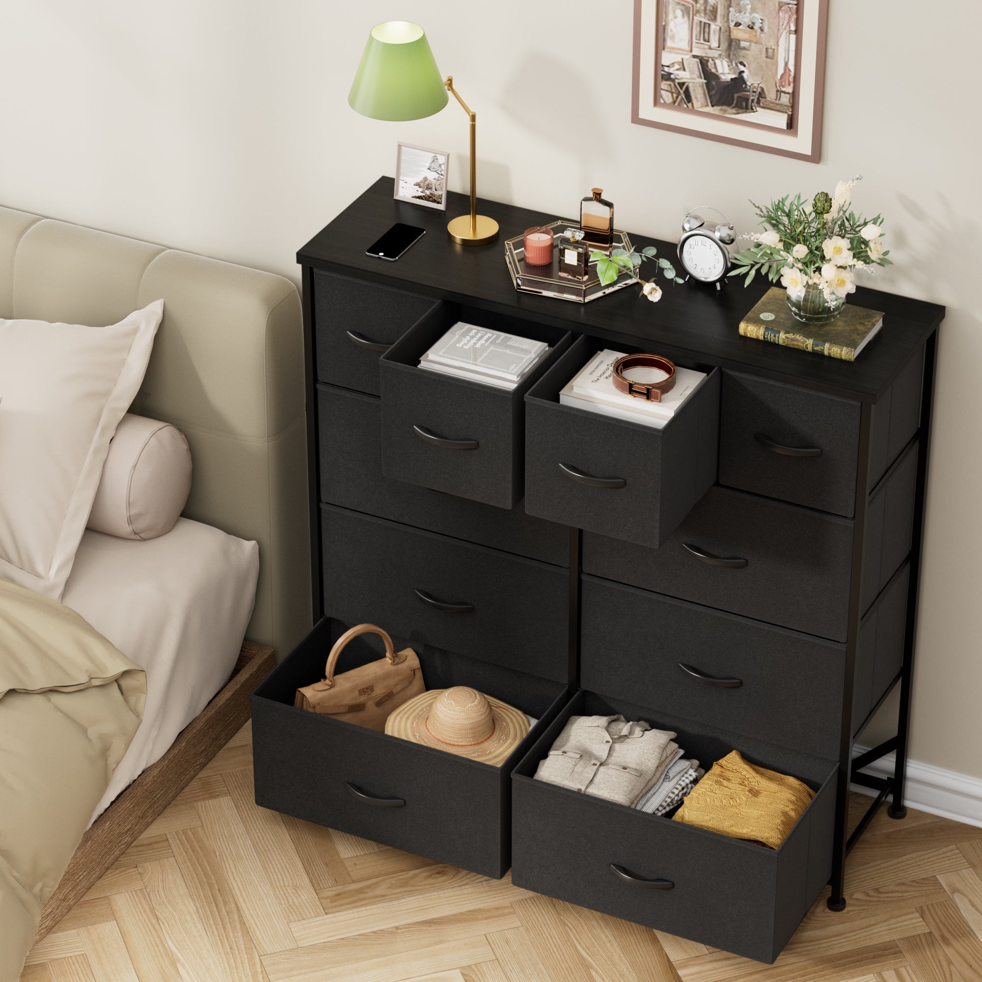 homall-bedroom-kommode-10-schubladen-stoff-schwarz image 1