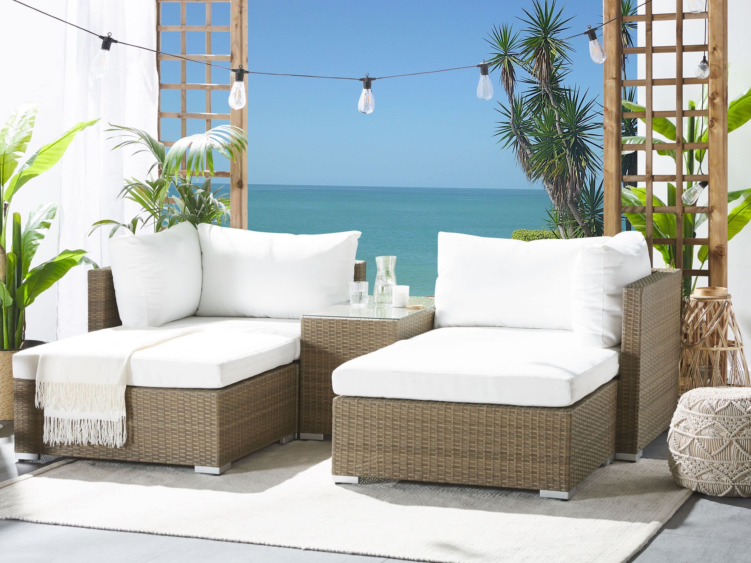 beliani-noto-lounge-set-rattan-hellbraun-lounge-cremewei-ottomanen image 2