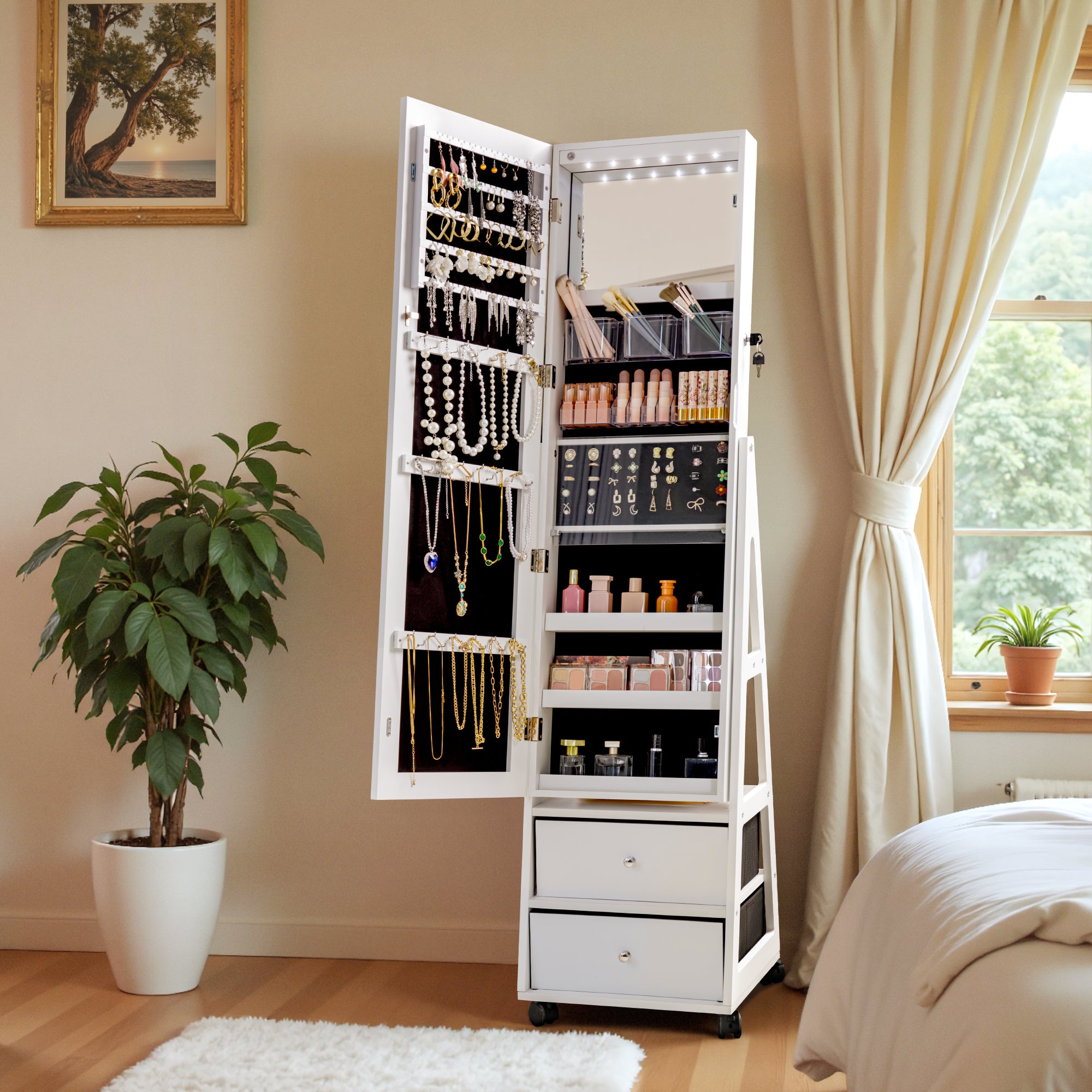 homall-schmuckschrank-mit-led-spiegel-spiegelschrank-wei-mit-rollen image 7