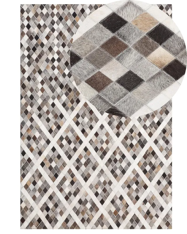 beliani-lederteppich-160x230-grau-patchwork-geometrisch-kuhfell image 1