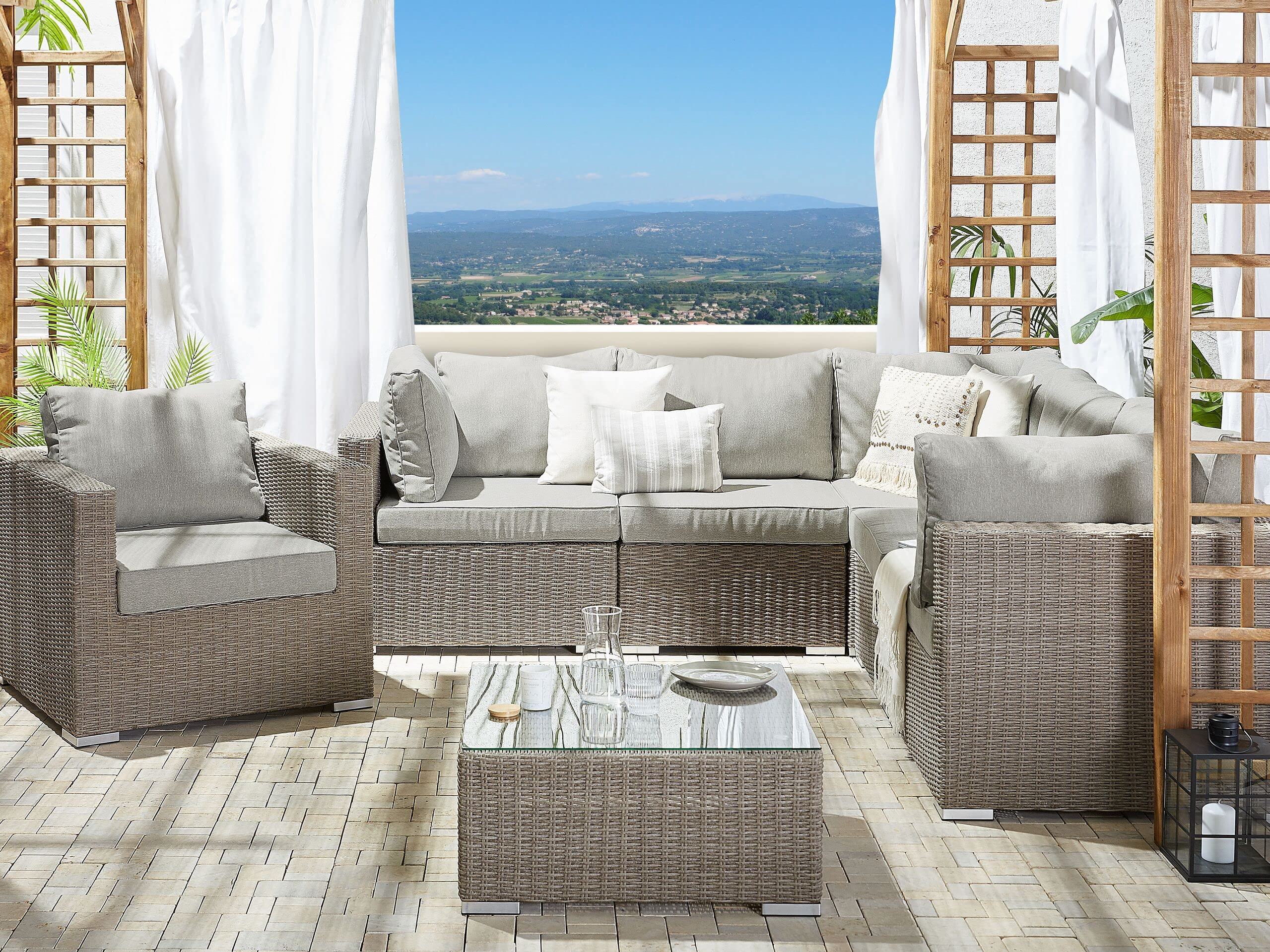 beliani-contare-lounge-set-6-sitzer-polyrattan-taupe-links-grau image 2