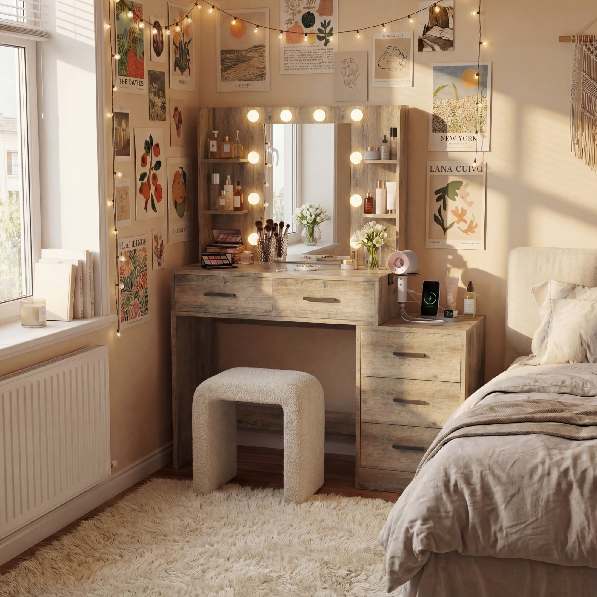 homall-bedroom-schminktisch-wei-mit-led-spiegel-5-schubladen image 3
