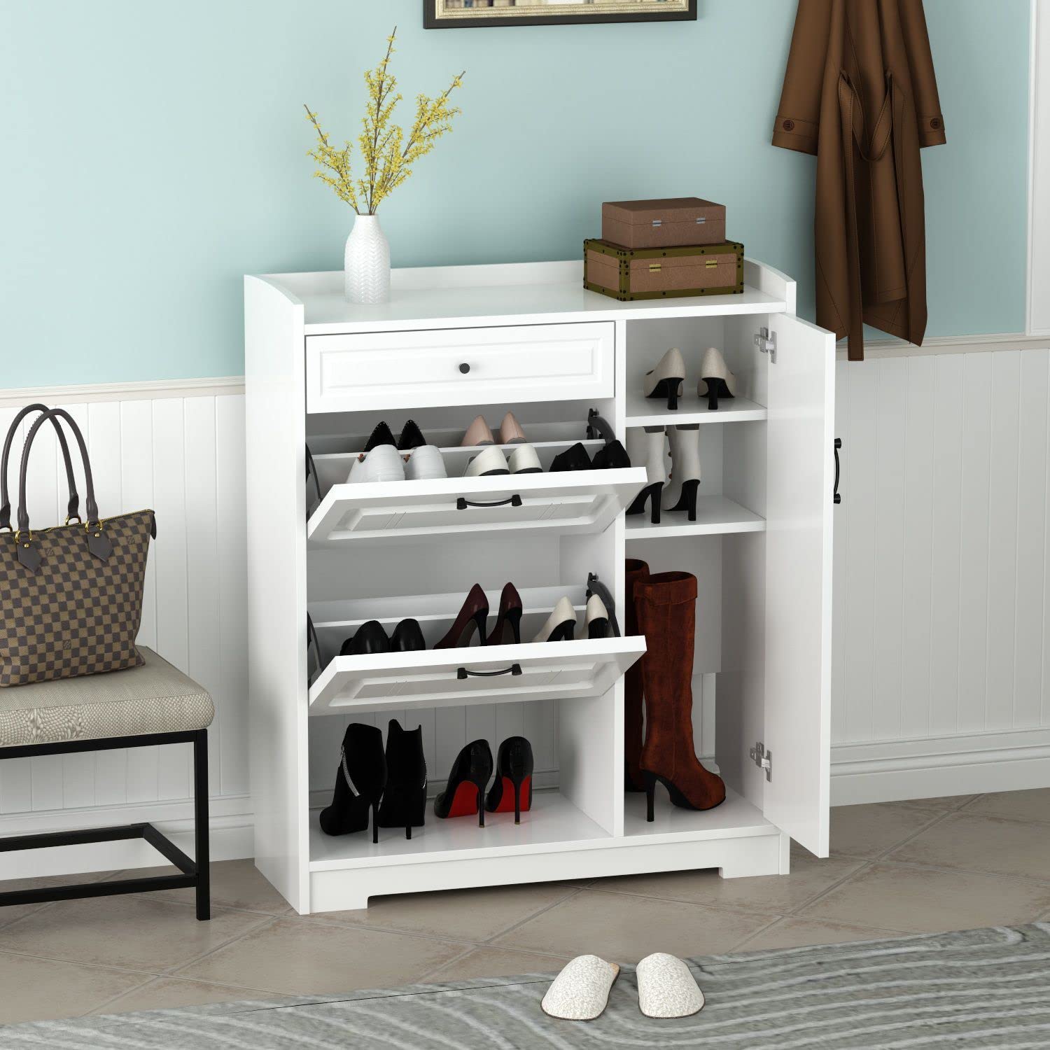 homall-shelf-schuhschrank-wei-schmal-mit-klappen-und-schublade image 2