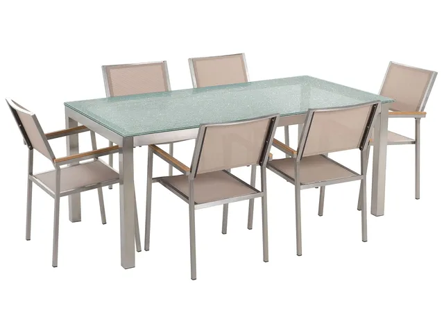 beliani-grosseto-set-180-cm-glas-crushed-ice-mit-6-st-hlen-beige image 1