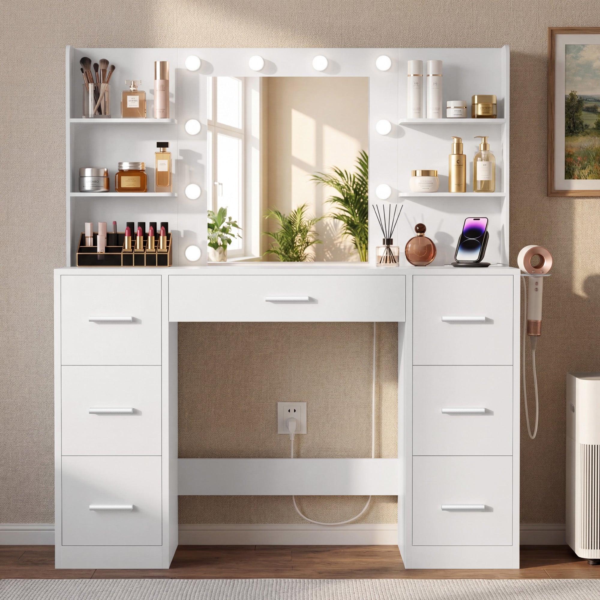 homall-schminktisch-wei-led-spiegel-7-schubladen-steckdose image 8