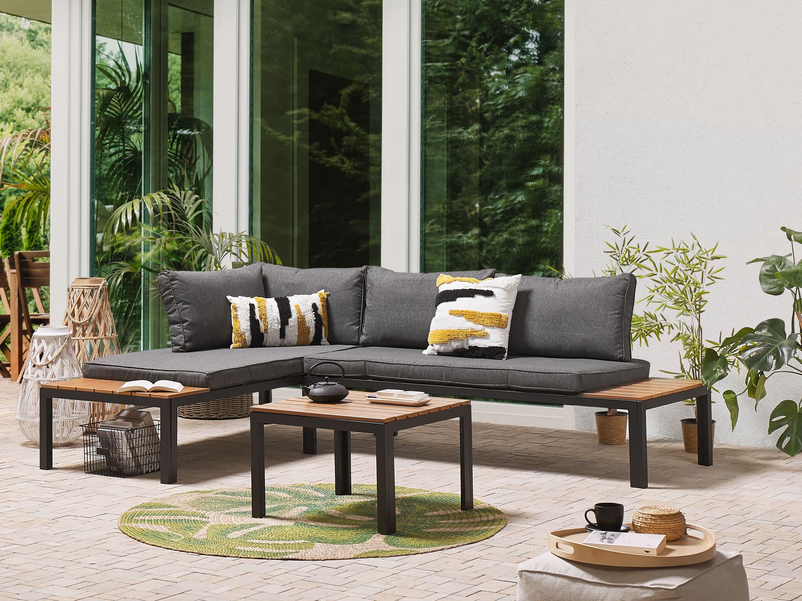 beliani-pienza-ii-gartenlounge-set-4-sitzer-schwarz-grau-ecksofa image 2
