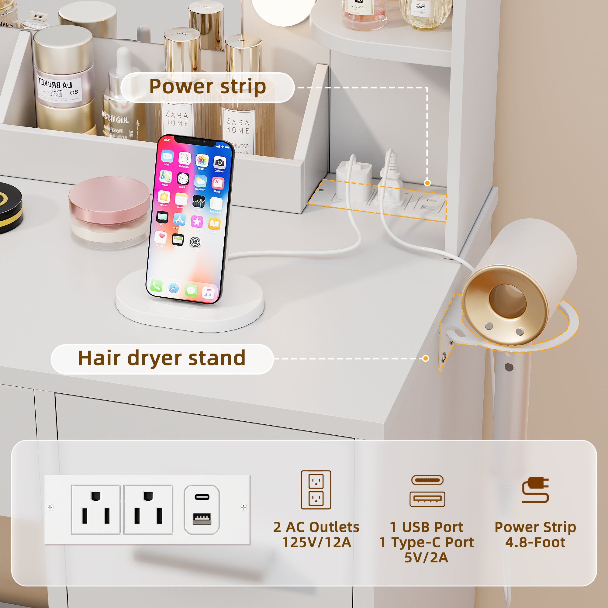 homall-bedroom-schminktisch-wei-mit-spiegel-led-steckdose image 6