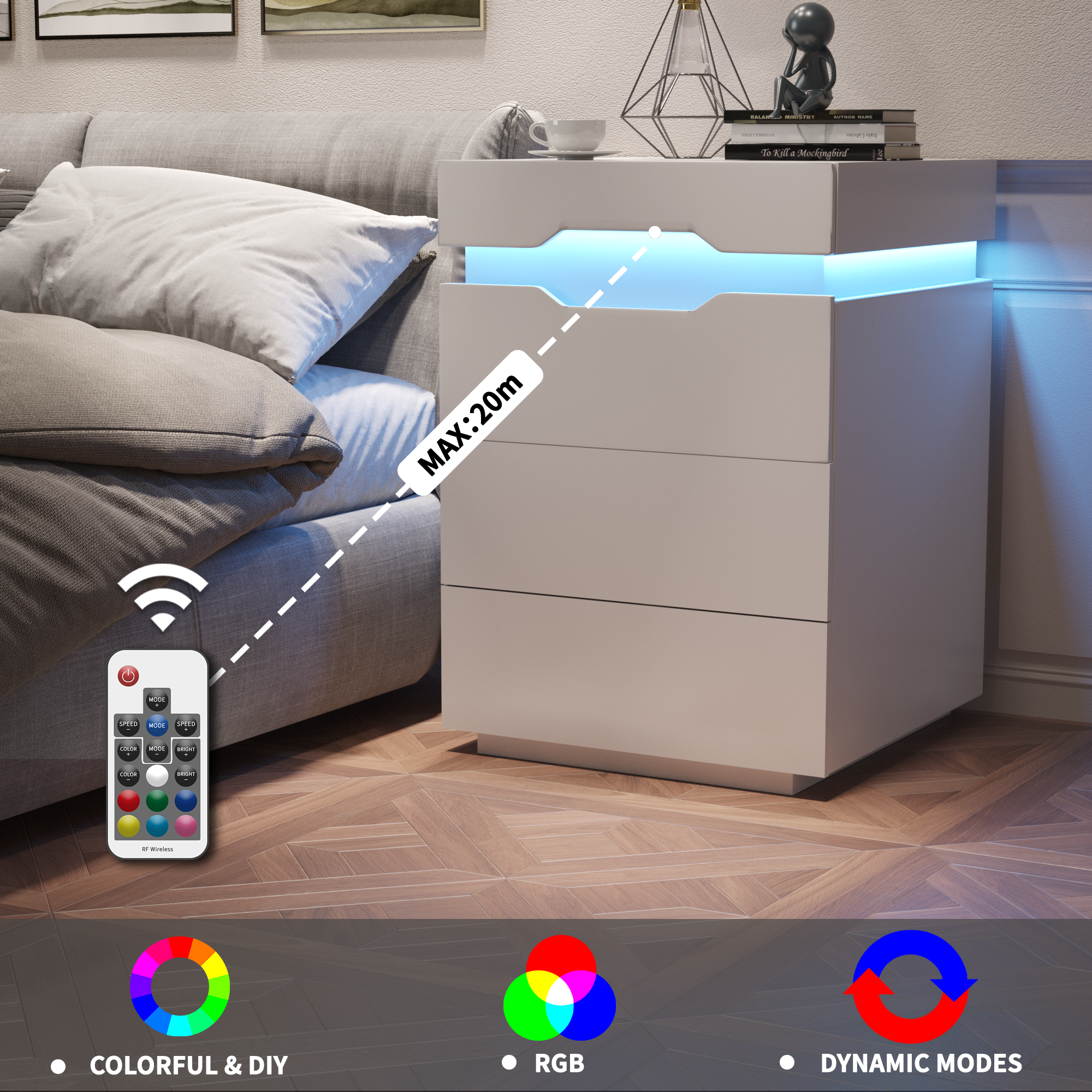 homall-bedroom-nachttisch-2-schubladen-led-schwarz-mit-usb image 3