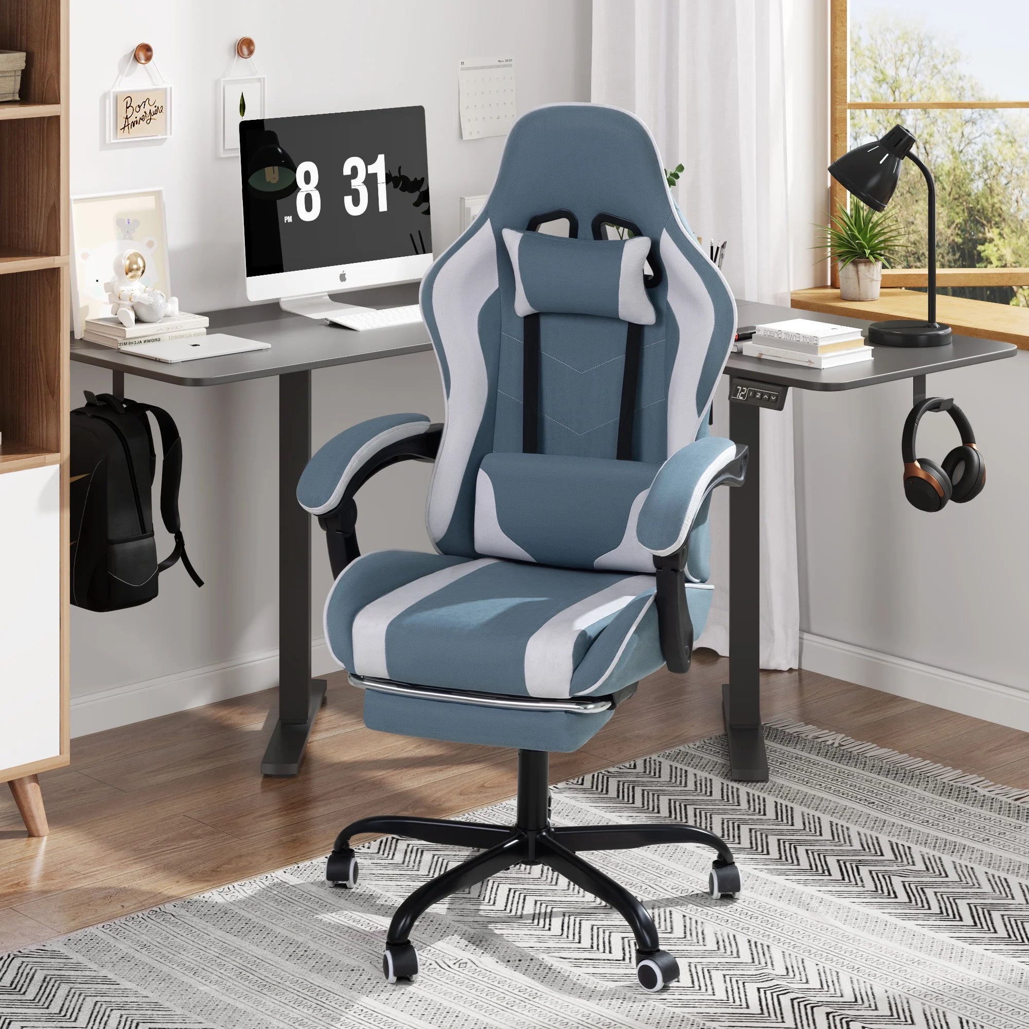 homall-gaming-chair-gaming-stuhl-stoff-gr-n-mit-fu-st-tze image 2