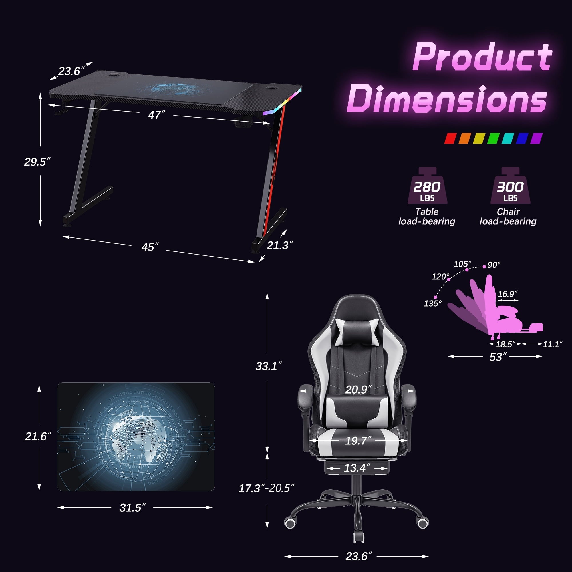 homall-gaming-desk-rgb-gaming-tisch-set-schwarz-mit-stuhl image 3