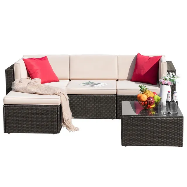 homall-patio-furniture-rattan-lounge-set-beige-5-teilig image 1
