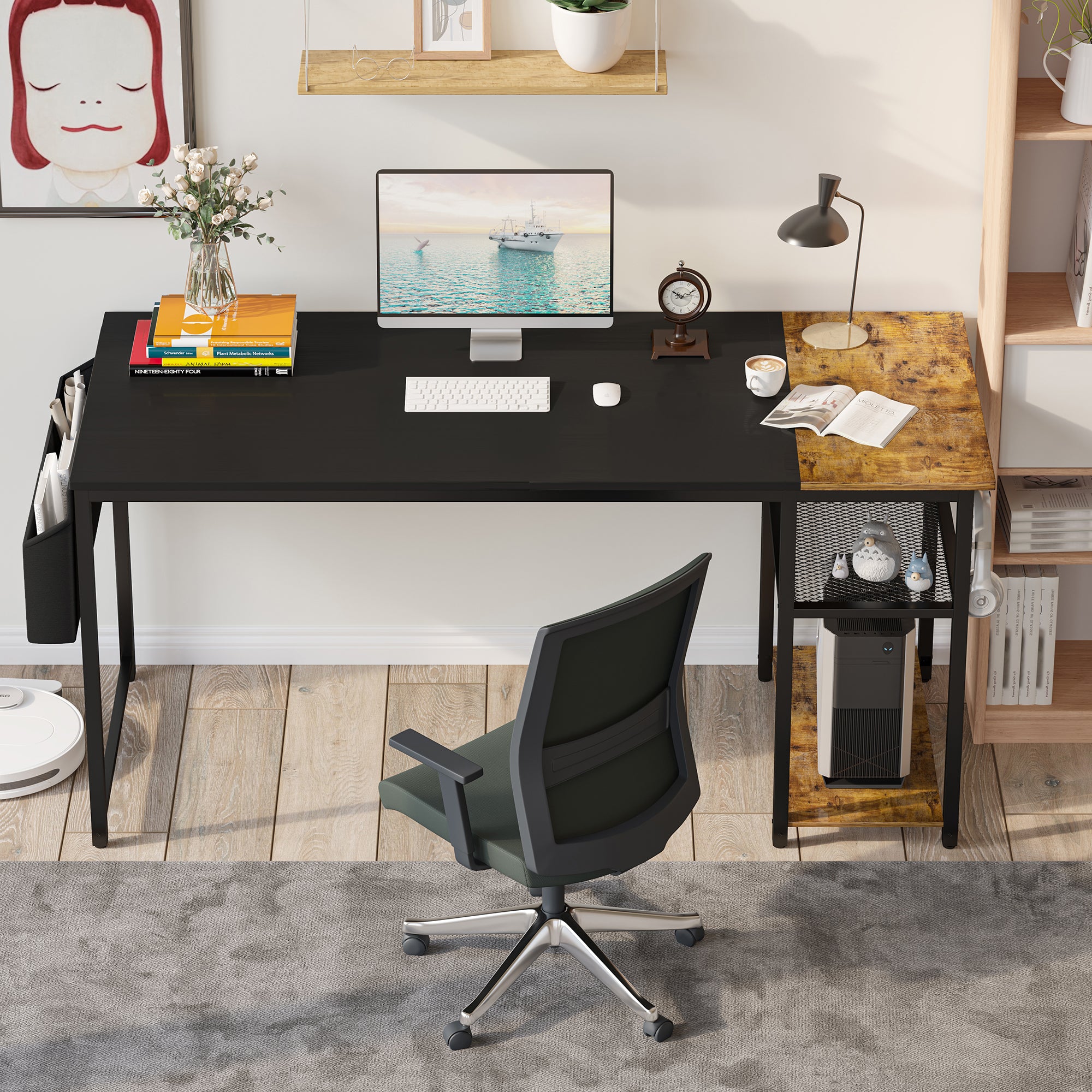 homall-shelf-schreibtisch-mit-regal-120-cm-schwarz-braun image 2