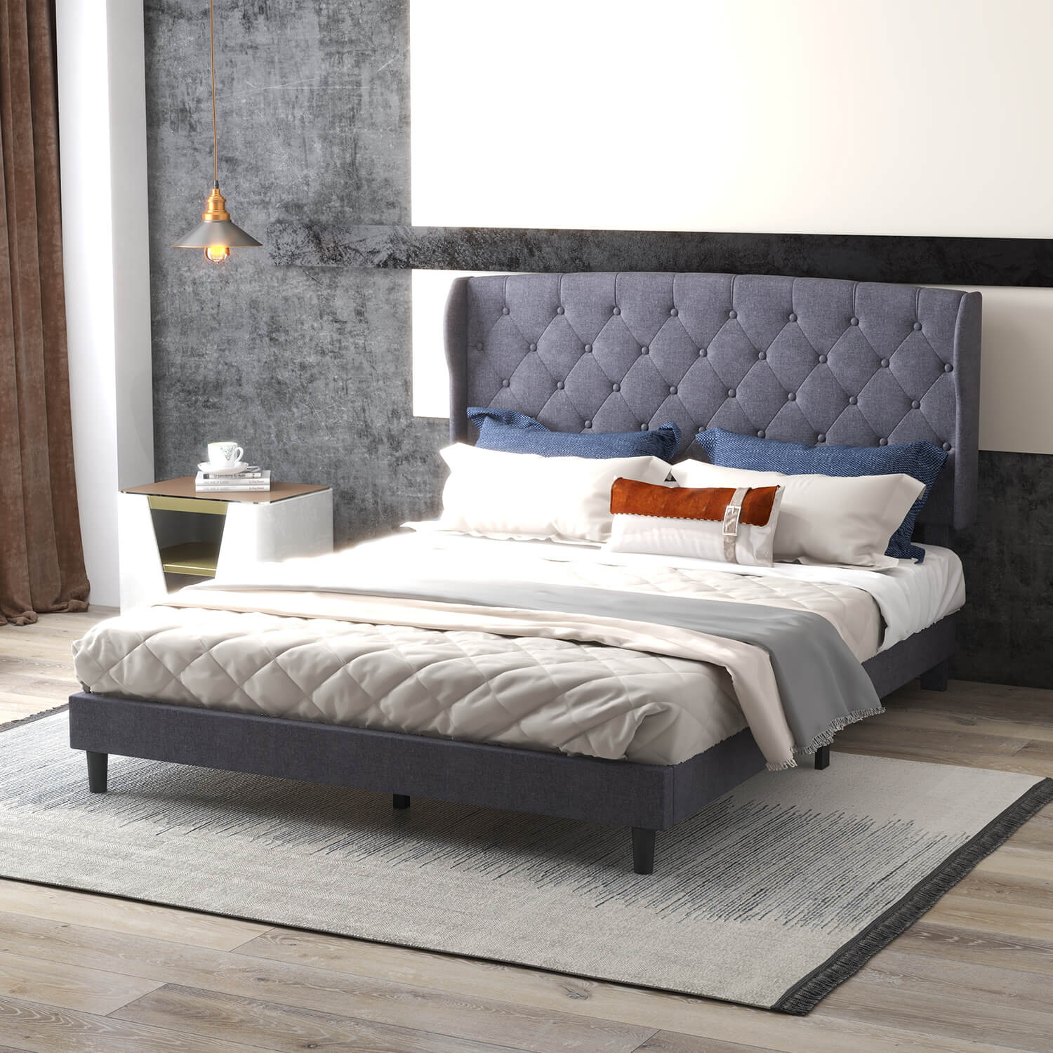 homall-bedroom-polsterbett-160x200-grau-samt-kopfteil image 1