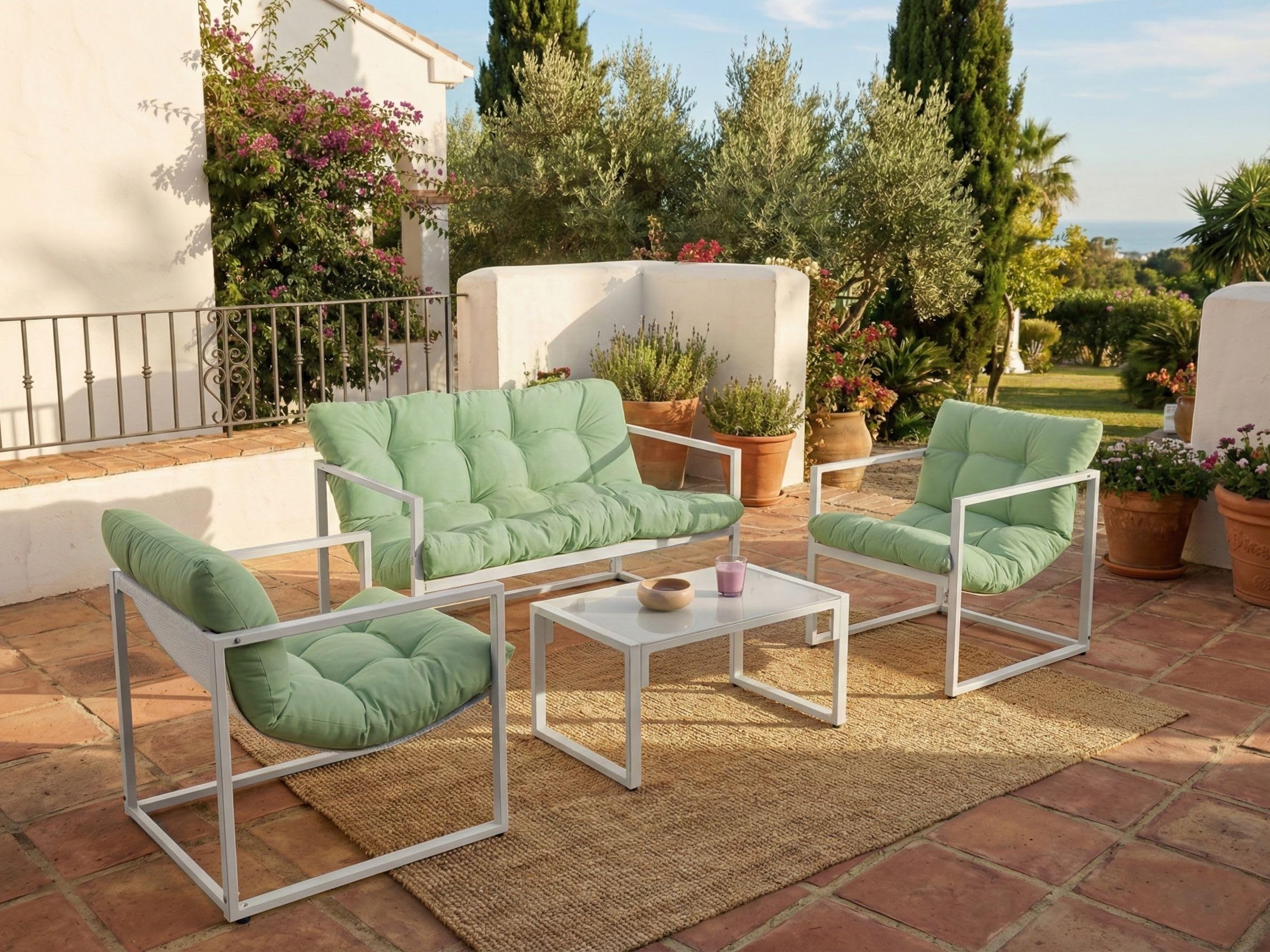 beliani-garda-gartenlounge-4-sitzer-stahl-gr-n-wei-mit-tisch image 2