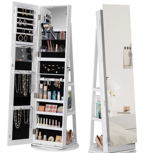 homall-shelf-schmuckschrank-weiss-drehbar-spiegel-led-abschlie-bar image 1