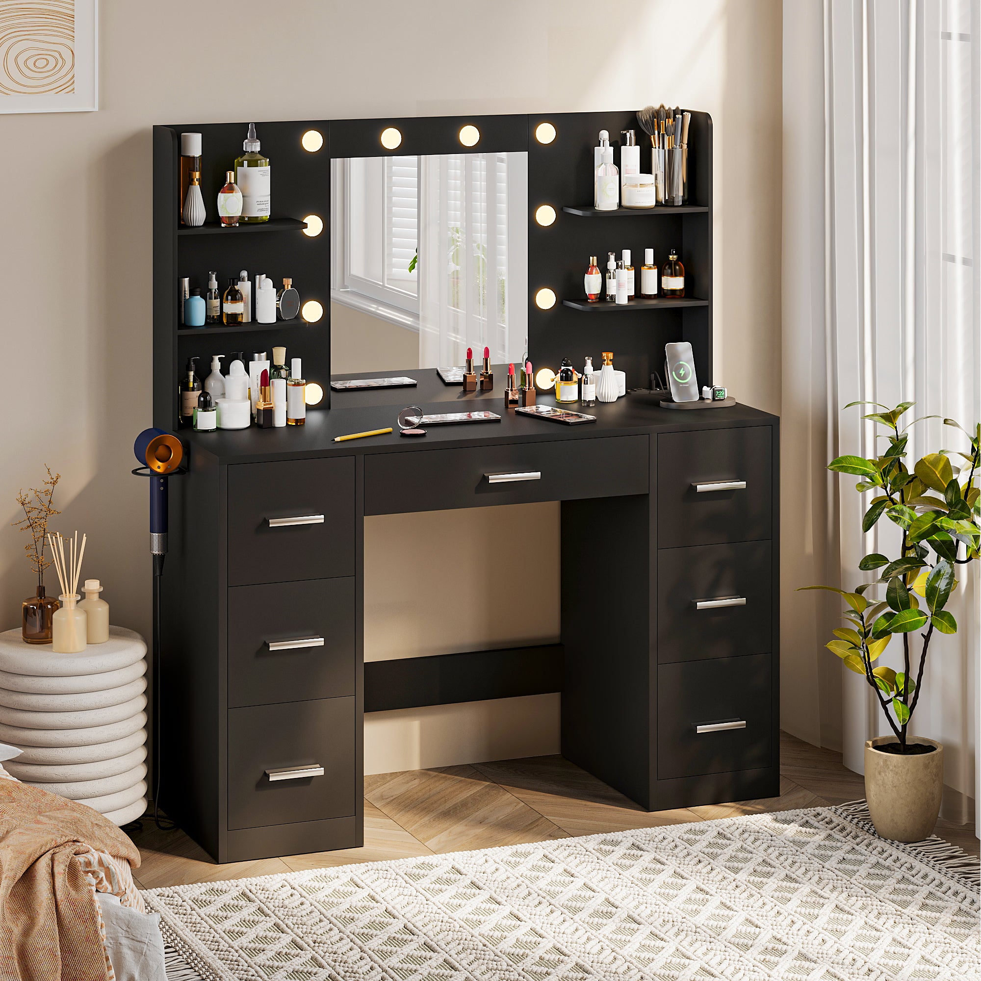 homall-bedroom-schminktisch-wei-led-spiegel-7-schubladen image 2