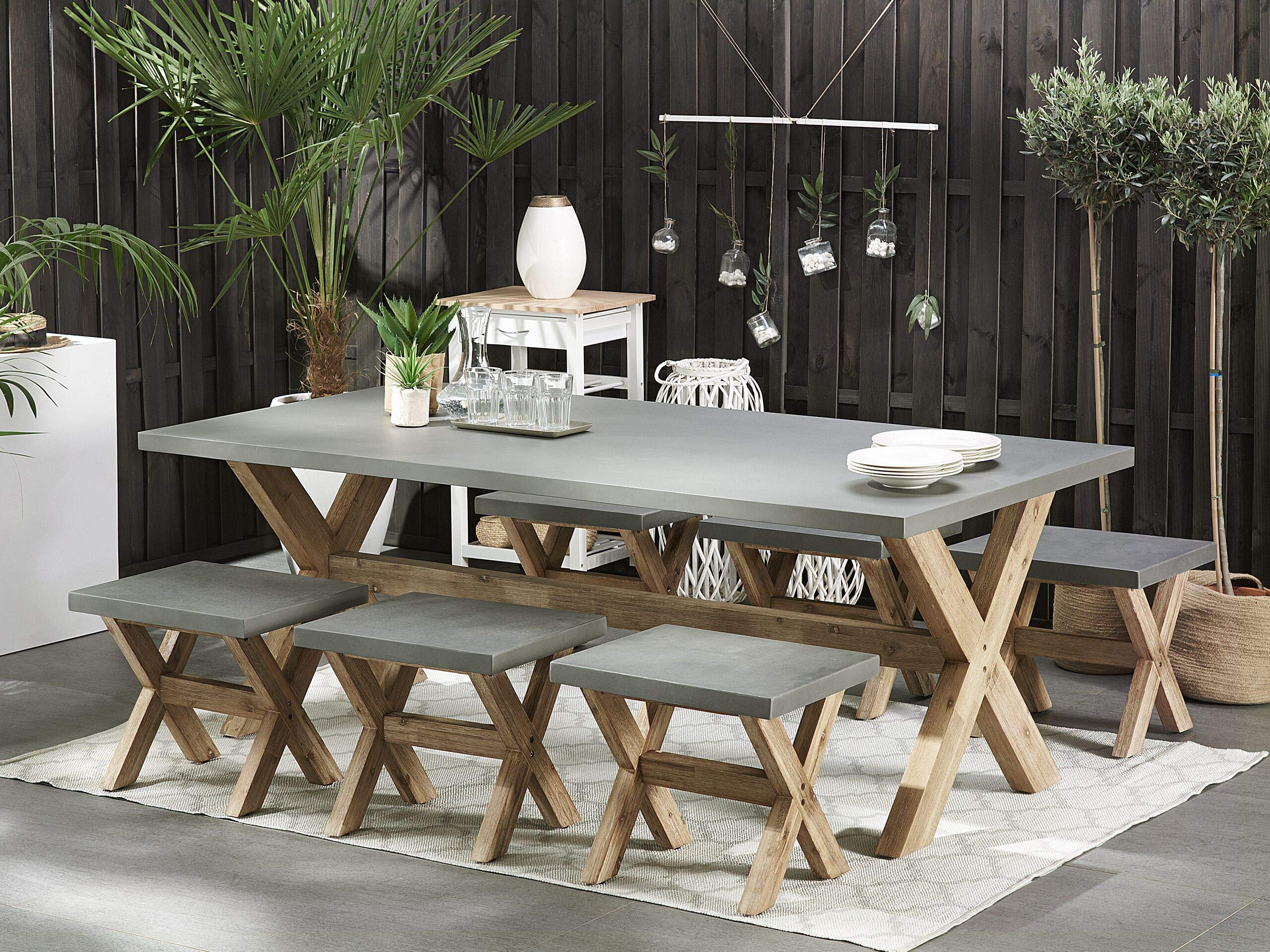 beliani-olbia-gartenset-tisch-200x100-6-hocker-beton-akazie image 2
