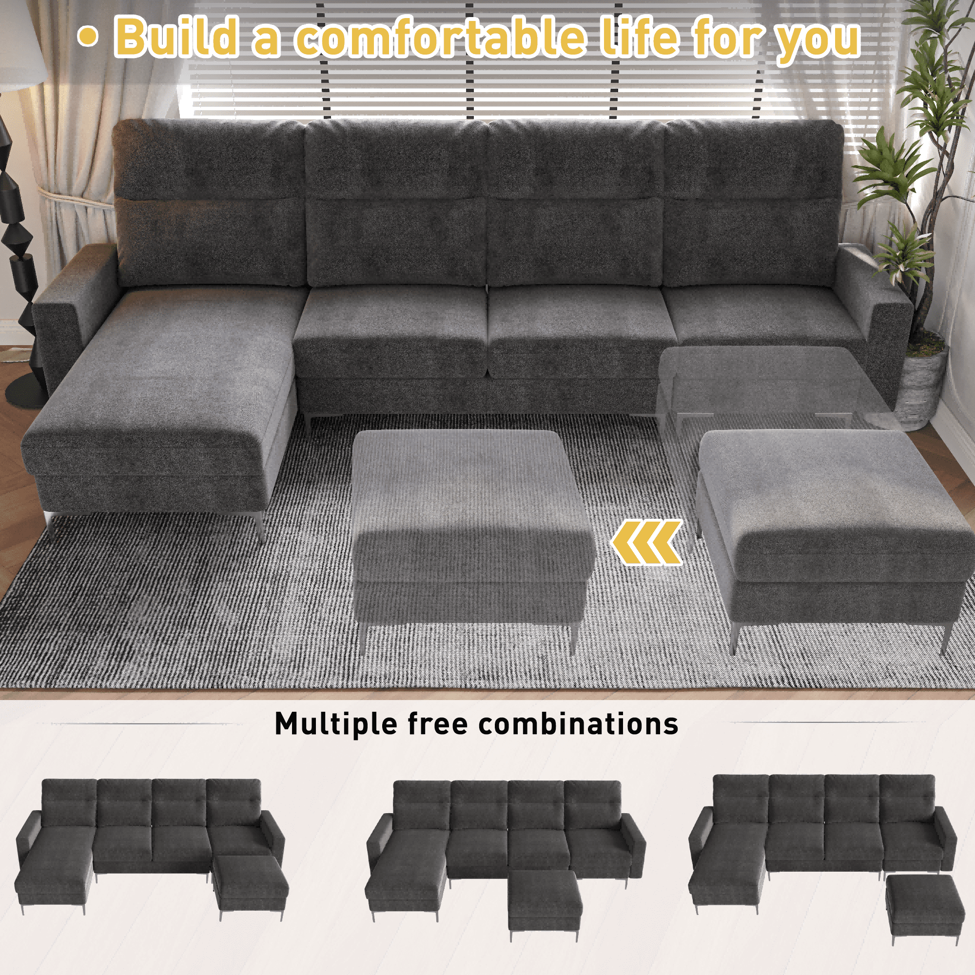 homall-u-form-sofa-ecksofa-grau-mit-hocker-leinenbezug image 2