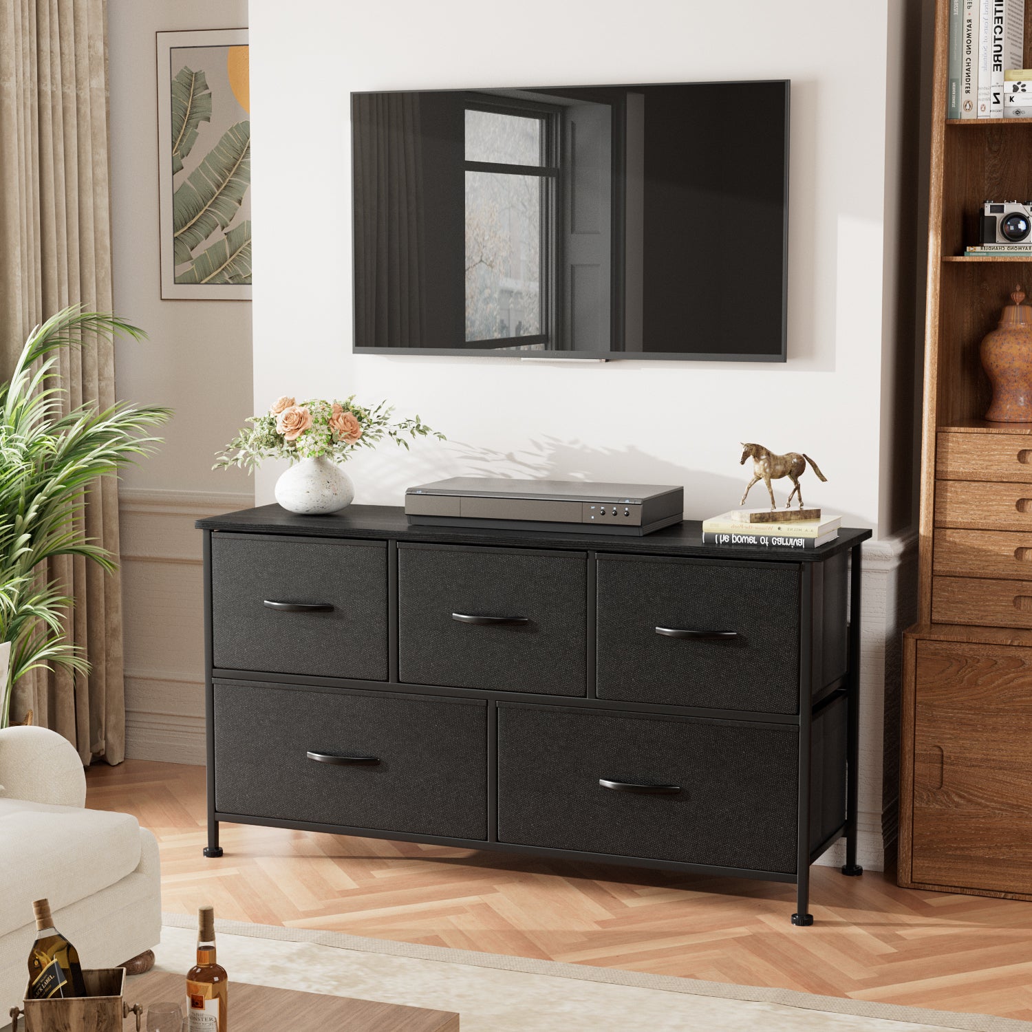 homall-bedroom-kommode-5-schubladen-schwarz-mit-holzplatte image 3