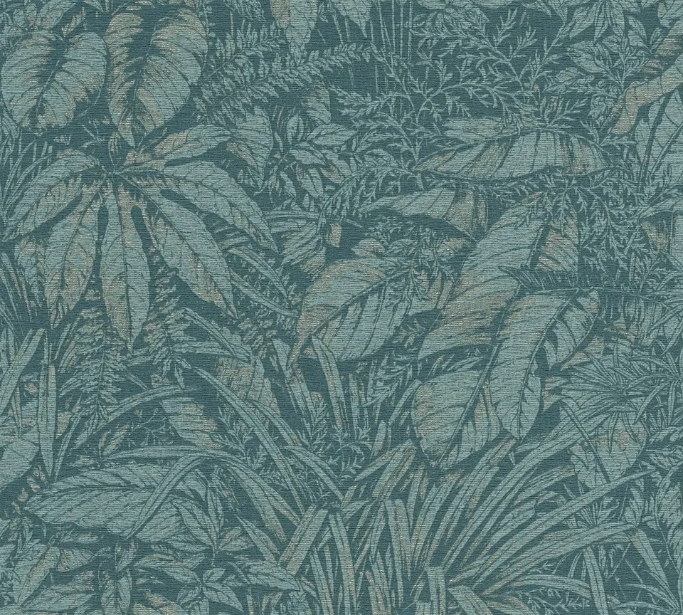 livingwalls-palmenblatt-vliestapete-blau-petrol-silber-10m image 1