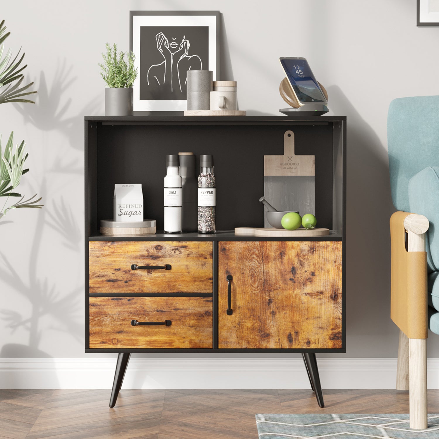 homall-shelf-sideboard-holz-mit-schubladen-und-t-r-mid-century image 2