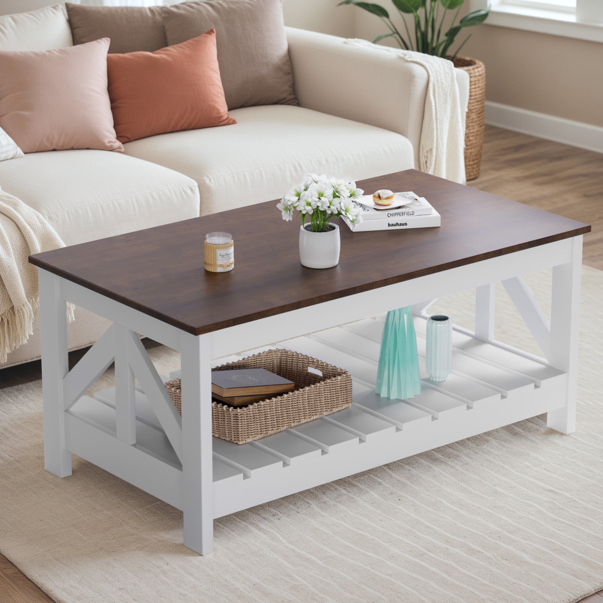 homall-coffee-table-couchtisch-braun-wei-2-ebenen-holz image 5