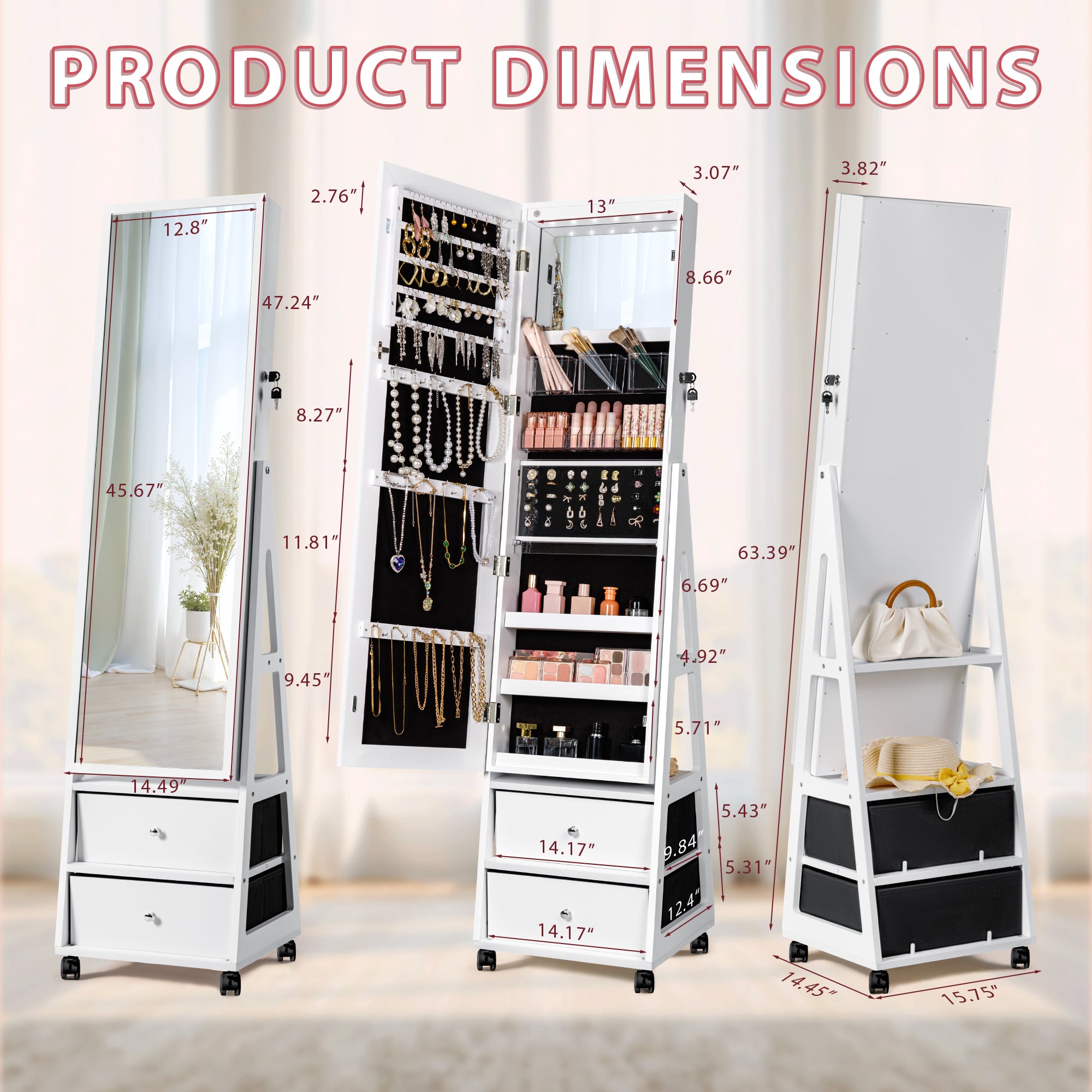 homall-schmuckschrank-mit-led-spiegel-spiegelschrank-wei-mit-rollen image 5