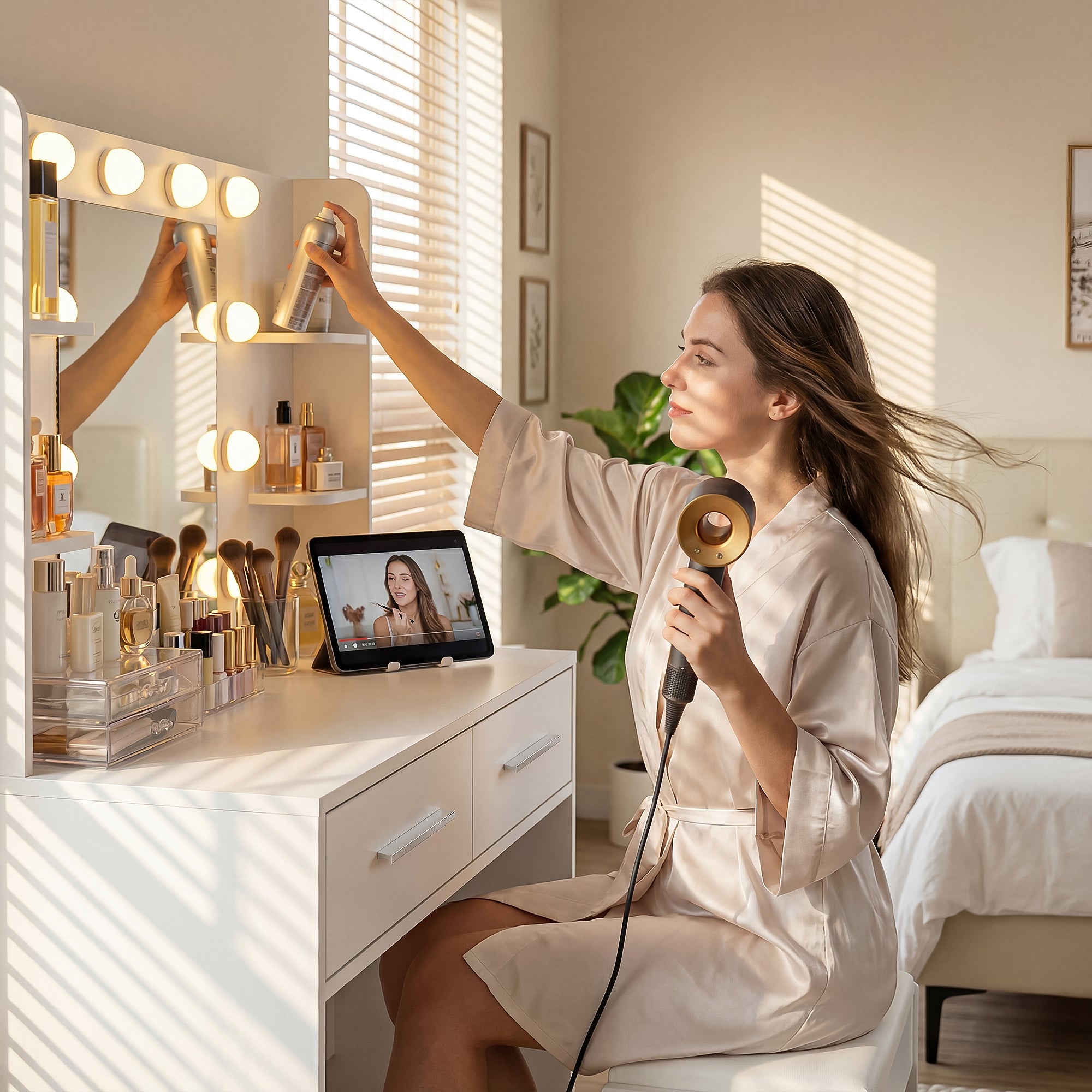 homall-bedroom-schminktisch-wei-mit-hocker-led image 5