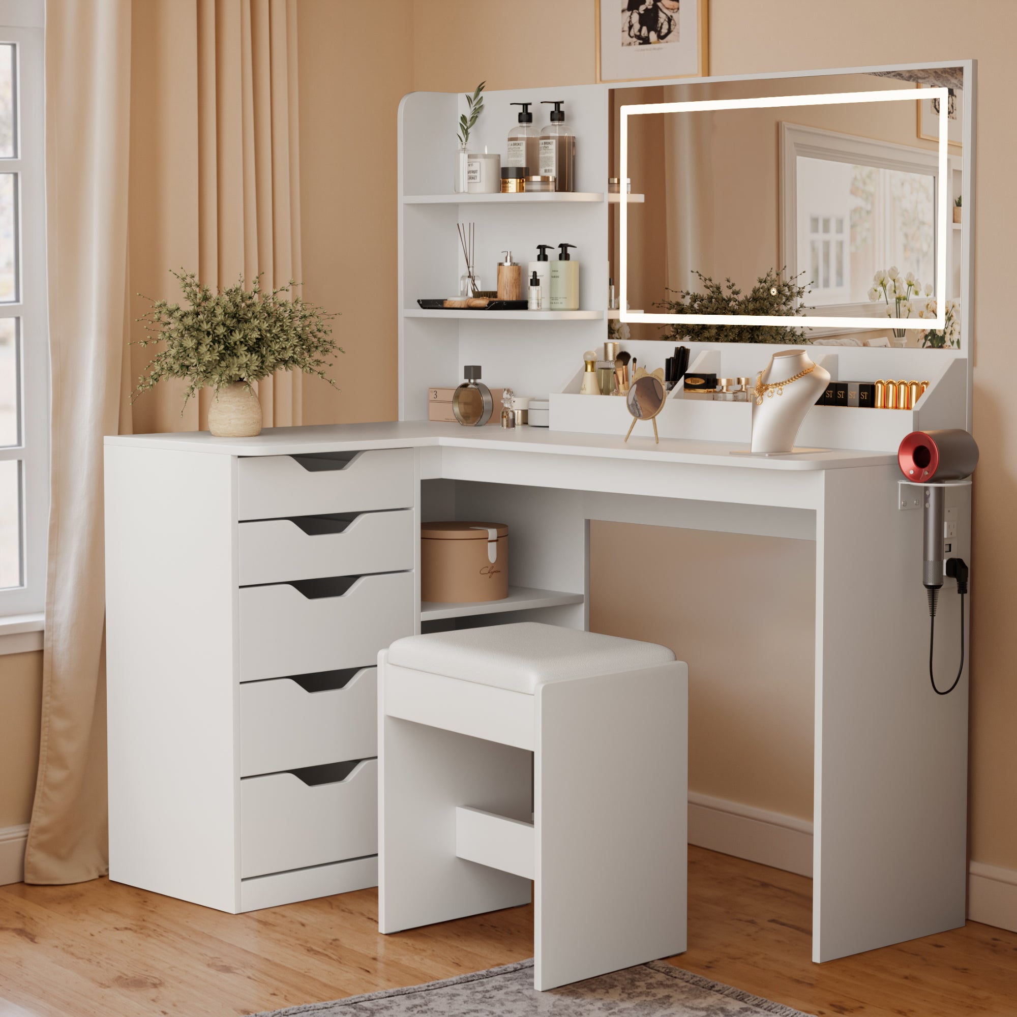 homall-bedroom-schminktisch-wei-mit-led-spiegel-und-hocker image 6