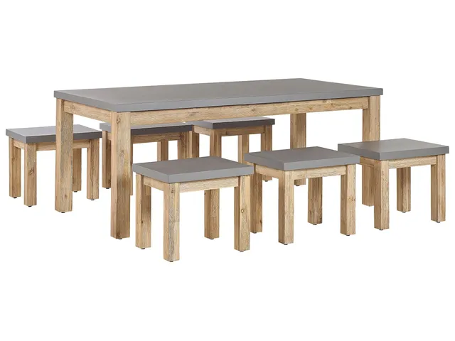 beliani-ostuni-gartenset-180-cm-6-hocker-betonoptik-grau image 1