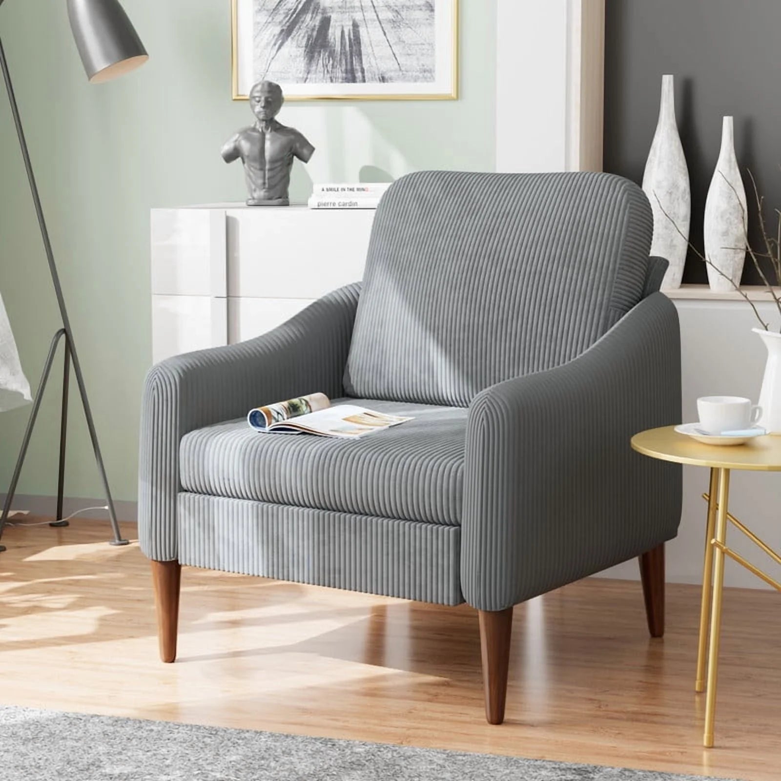 homall-sofa-sessel-grau-stoff-holzbeine-getuftet image 1