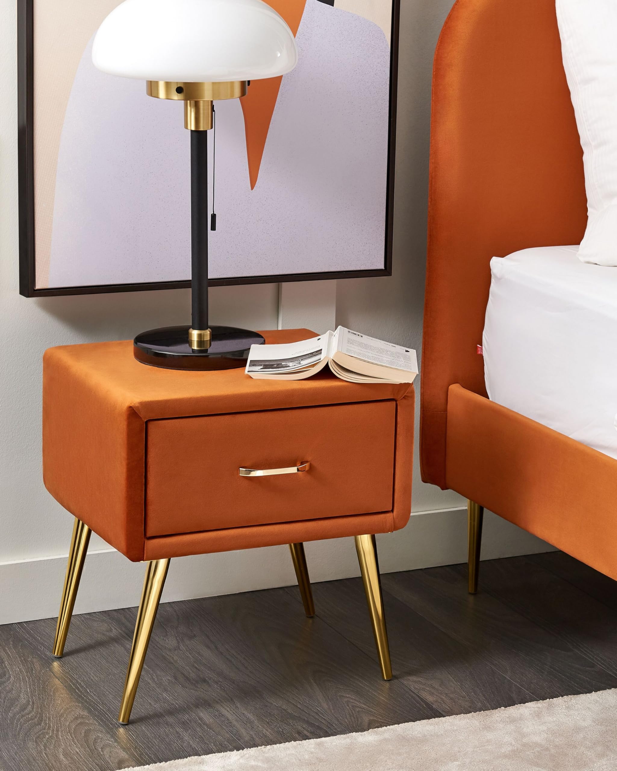 beliani-flayat-nachttisch-samt-orange-mit-schublade-goldgestell image 2