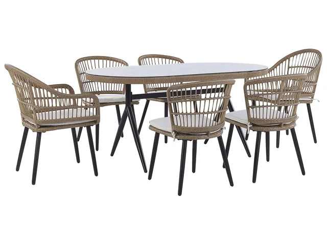 beliani-aliano-ii-gartentisch-set-rattan-6-sitzer-beige-schwarz image 1