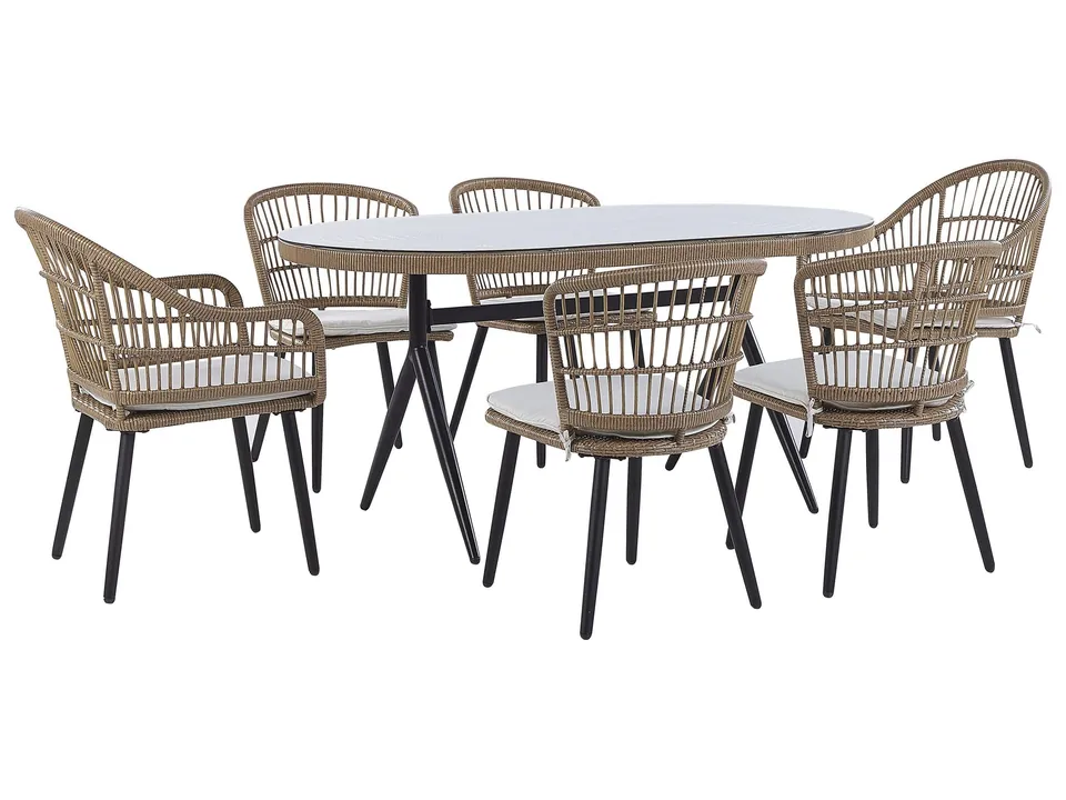 beliani-aliano-ii-gartentisch-set-rattan-6-sitzer-beige-schwarz image 1