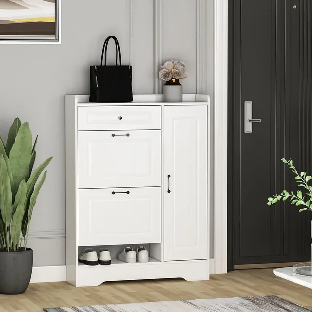 homall-shelf-schuhschrank-wei-schmal-mit-klappen-und-schublade image 1