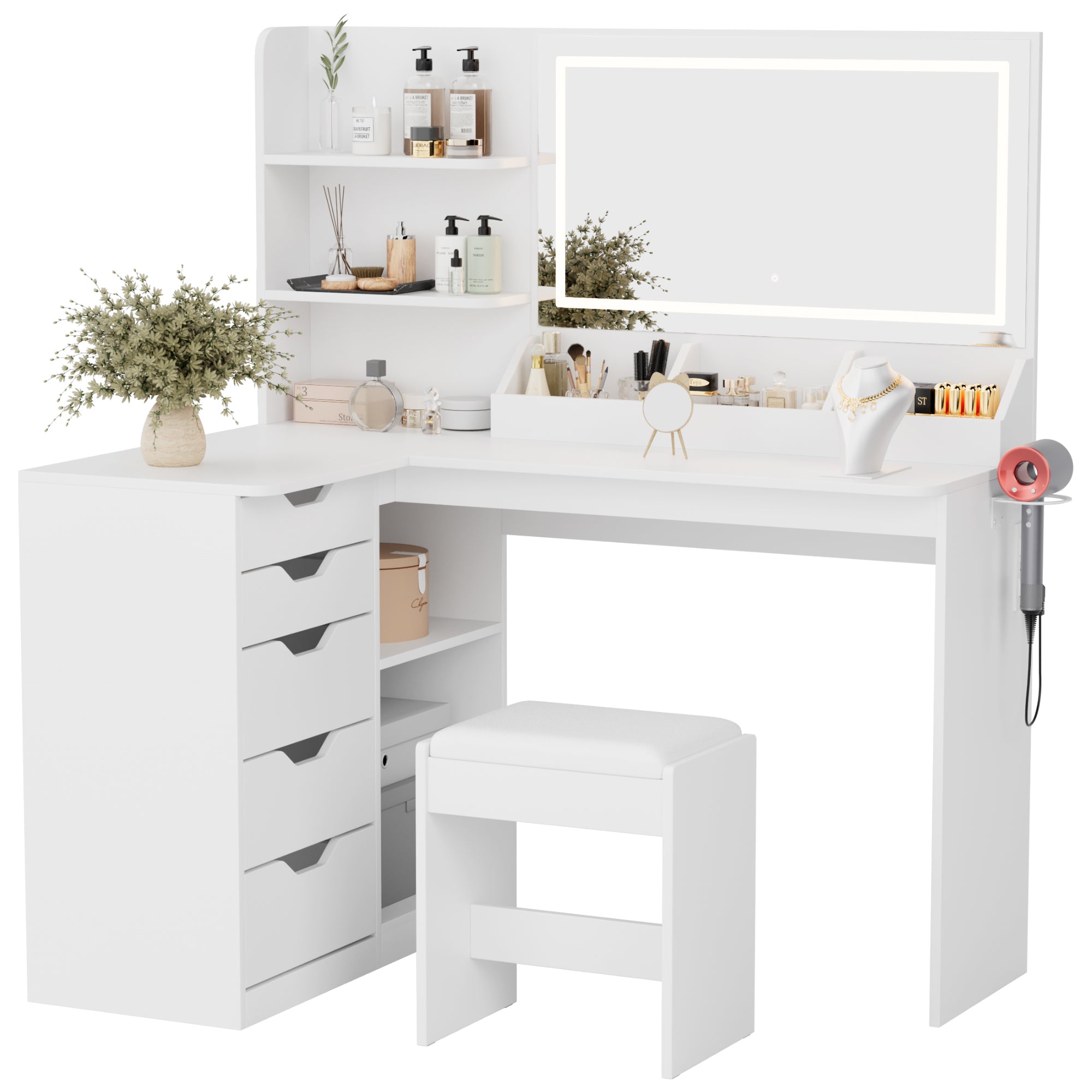 homall-bedroom-schminktisch-wei-mit-led-spiegel-und-hocker image 1